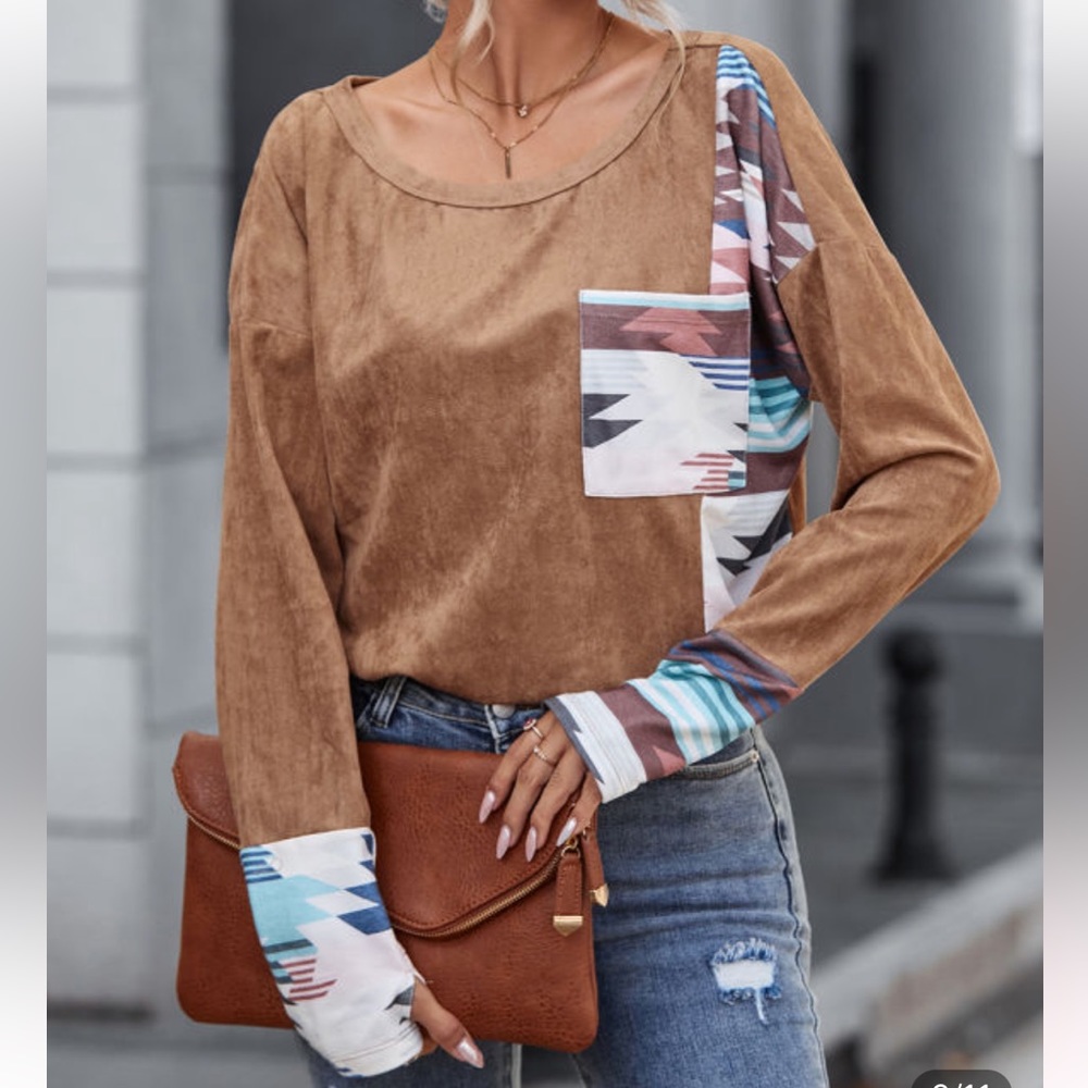 🌵Soft Brown Suedette Aztec Print Front Pocket Long Sleeve Top - Picture 7 of 13